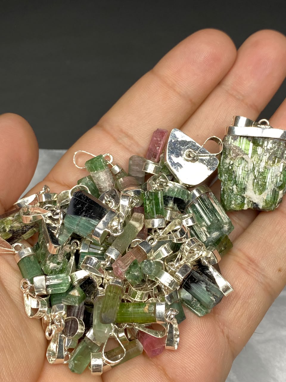 Stunning Natural Green Sterling Silver Tourmaline Pendant Lot