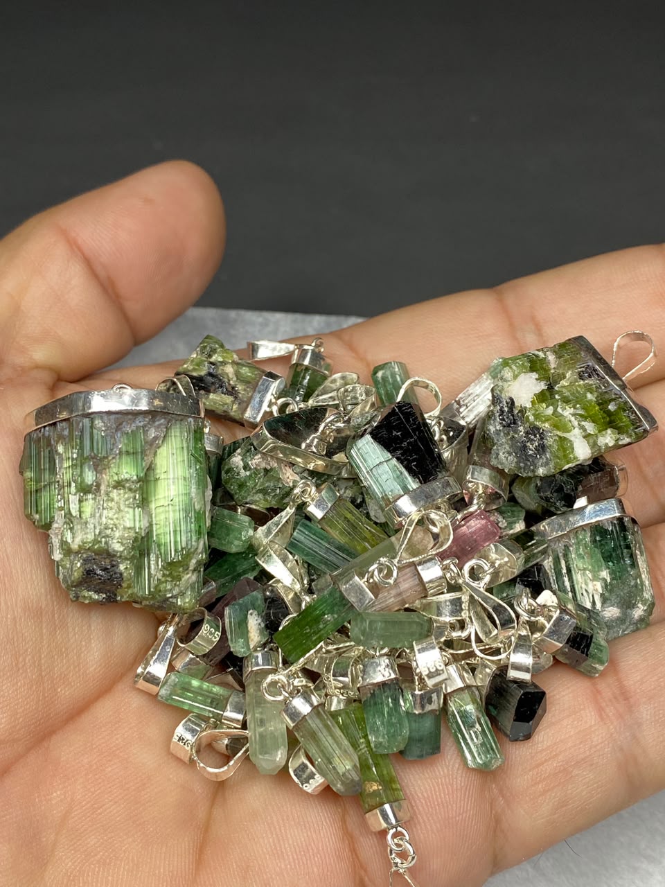 Stunning Natural Green Sterling Silver Tourmaline Pendant Lot