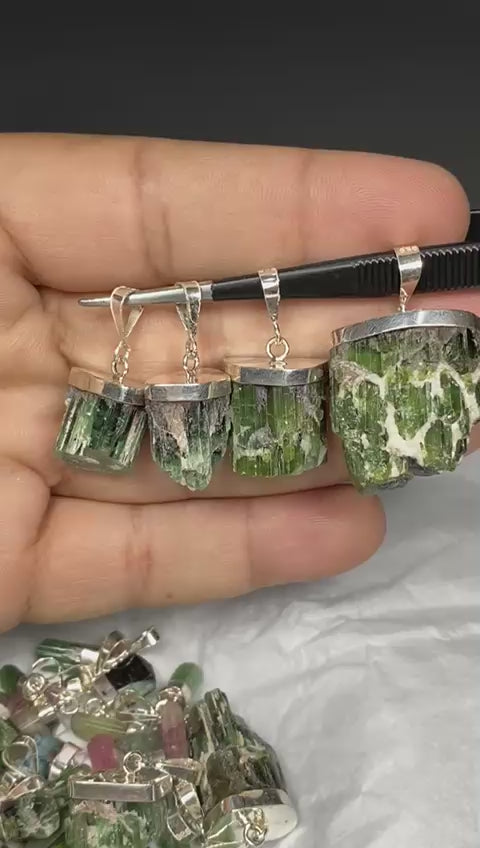 Stunning Natural Green Sterling Silver Tourmaline Pendant Lot
